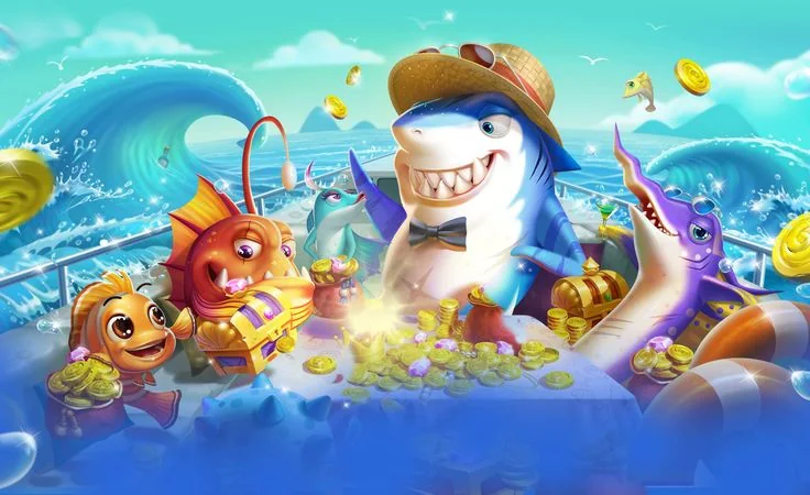 Adegan target ikan dan meriam pada layar permainan arcade